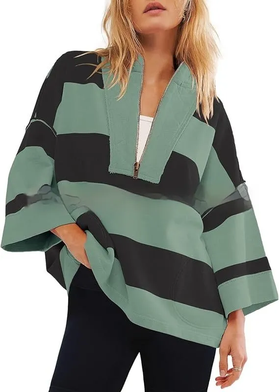 Women's Oversized Striped Shirt Half Zip Sweatshirt Color Matching Green And Black - Shop at LoveMi