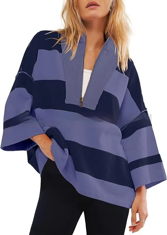 Women's Oversized Striped Shirt Half Zip Sweatshirt Color Matching Blue Navy Blue - Shop at LoveMi