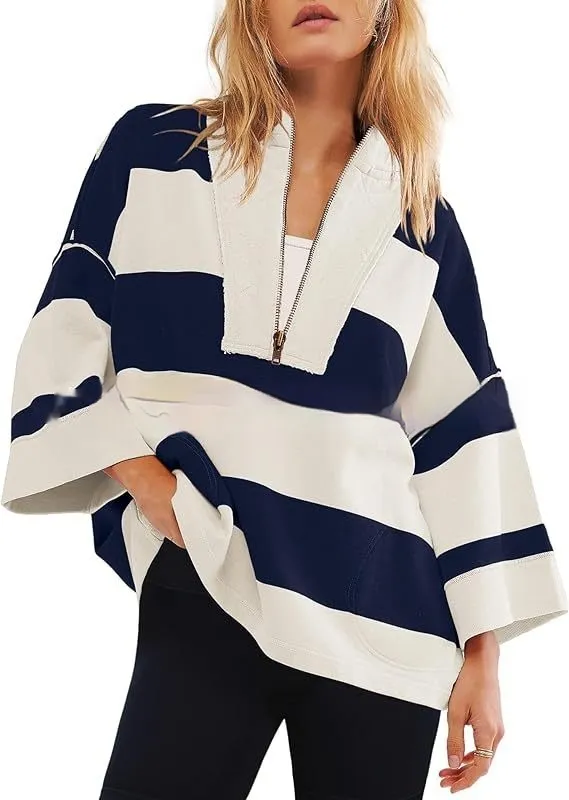 Women's Oversized Striped Shirt Half Zip Sweatshirt Color Matching - Navy Blue And White