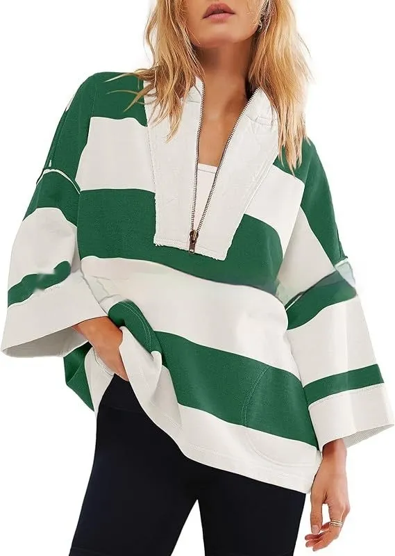 Women's Oversized Striped Shirt Half Zip Sweatshirt Color Matching Green And White - Shop at LoveMi