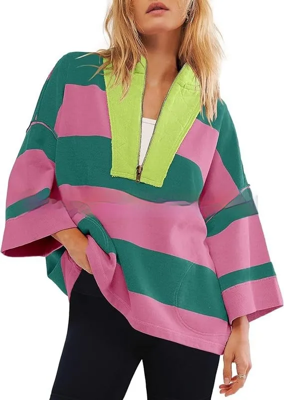 Women's Oversized Striped Shirt Half Zip Sweatshirt Color Matching Red And Green - Shop at LoveMi