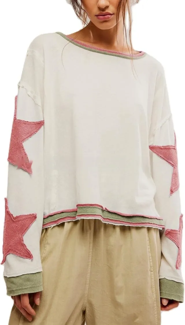 Retro Women's Sweater Round Neck Pullover Long Sleeve White Pink Star - Shop at LoveMi