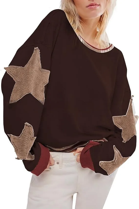 Retro Women's Sweater Round Neck Pullover Long Sleeve Brown Star - Shop at LoveMi