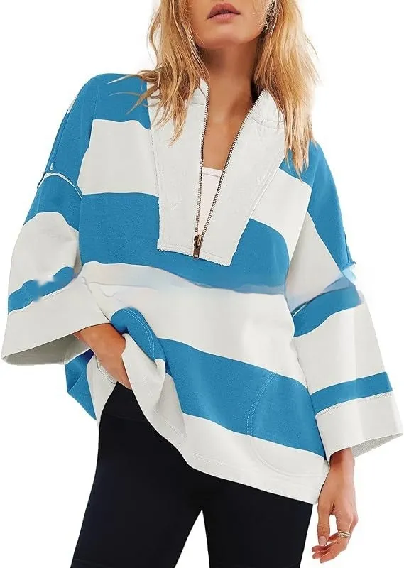 Women's Oversized Striped Shirt Half Zip Sweatshirt Color Matching White And Sky Blue - Shop at LoveMi