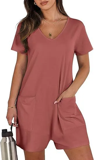 Women Summer Casual Vest Sleeveless Round Neck Jumpsuit Short Belt Pockets Brick Red - Shop at LoveMi