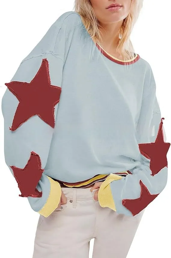 Retro Women's Sweater Round Neck Pullover Long Sleeve - Light Blue Red Star