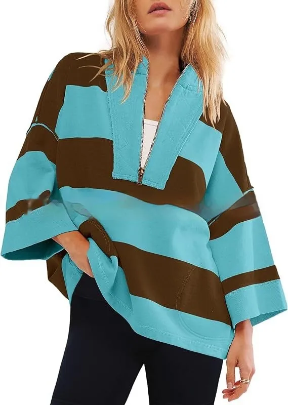 Women's Oversized Striped Shirt Half Zip Sweatshirt Color Matching Blue Brown Stripes - Shop at LoveMi
