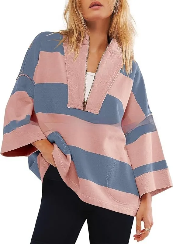 Women's Oversized Striped Shirt Half Zip Sweatshirt Color Matching Pink - Shop at LoveMi