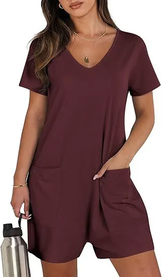 Women Summer Casual Vest Sleeveless Round Neck Jumpsuit Short Belt Pockets Wine - Shop at LoveMi