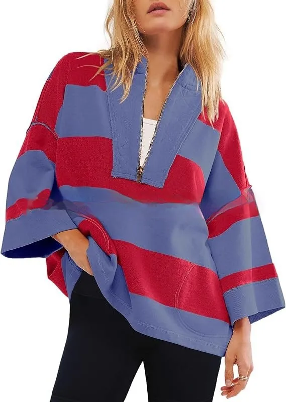 Women's Oversized Striped Shirt Half Zip Sweatshirt Color Matching Red And Blue Stripe - Shop at LoveMi