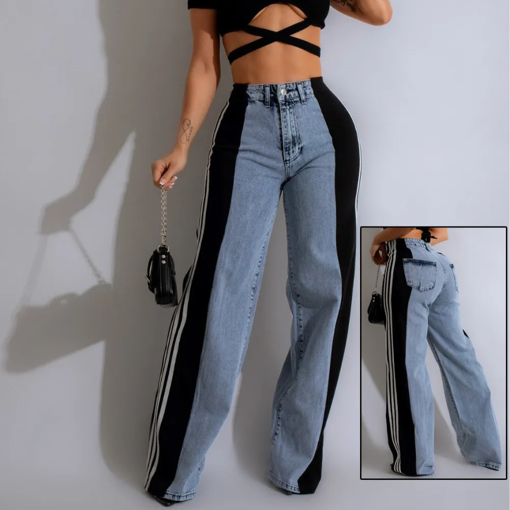 Fashion Casual High Waist Elastic Straight Leg Trousers Three Stripe Patchwork Denim Wide Leg Pants Streetwear