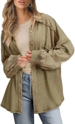 Women's Knitted Fashion Button Shirt Loose - Matcha-L - View 1