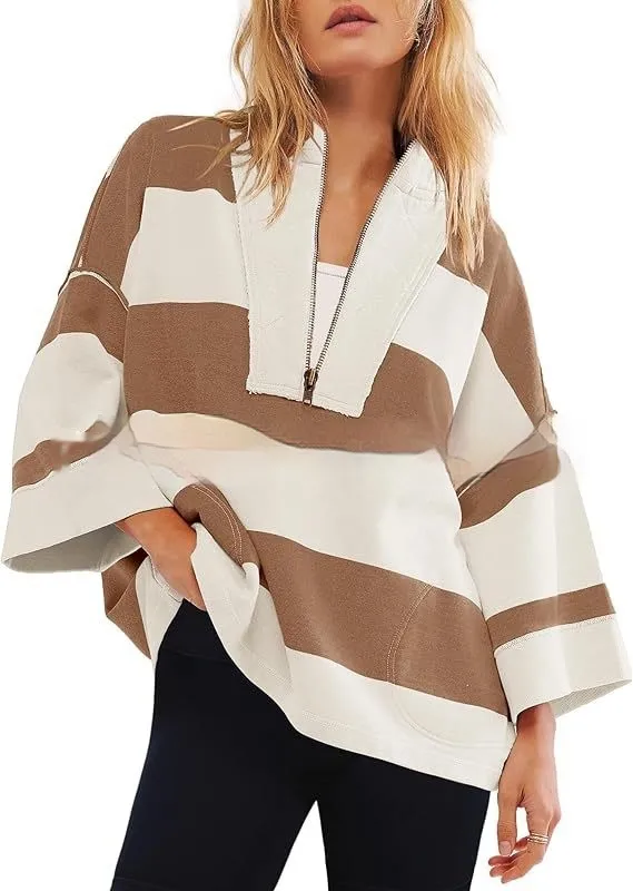 Women's Oversized Striped Shirt Half Zip Sweatshirt Color Matching White - Shop at LoveMi