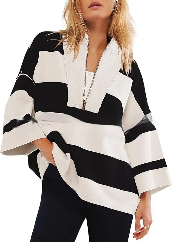 Women's Oversized Striped Shirt Half Zip Sweatshirt Color Matching - Black