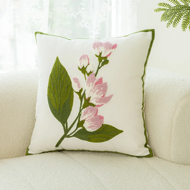 Sofa Pillow With Flower Embroidery Pillow Cover - Hibiscus White