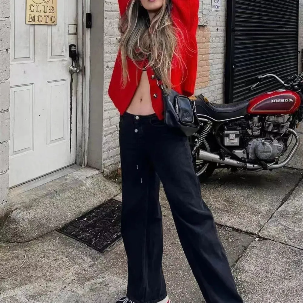 Low Waist Wide Leg Women's Jeans Fashion Loose - Black