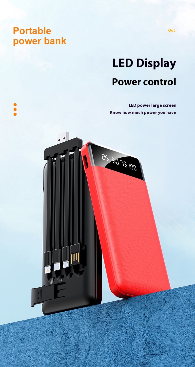 Ultra-thin Portable With Cable Power Bank Large Capacity Mobile Power Supply