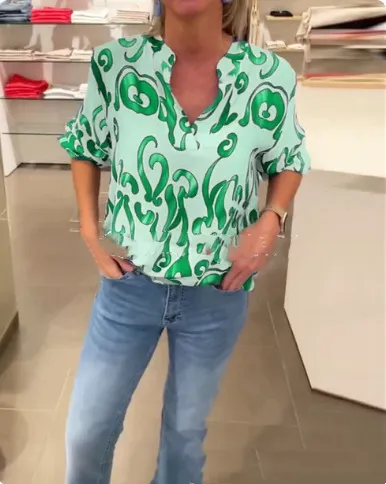 Women's Shirt Top Summer Printed Long Sleeve V neck Shirt Green - Shop at LoveMi