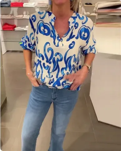 Women's Shirt Top Summer Printed Long Sleeve V neck Shirt Blue - Shop at LoveMi