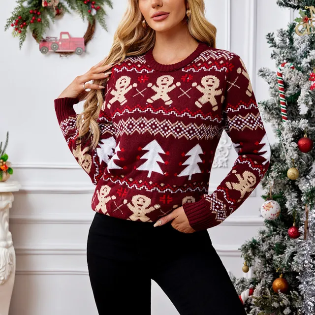 Gingerbread Man Jacquard Leisure Pullover Sweater Red - Shop at LoveMi
