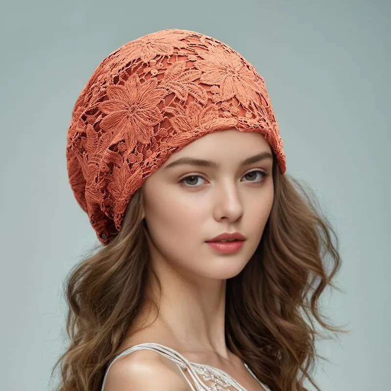 Lace Breathable Empty Flower Cover Gray Hair Pile Style Air Conditioning Cap - Orange