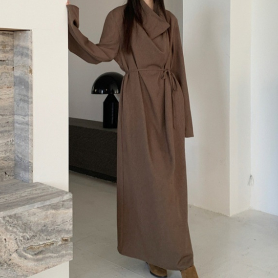 Brown Swing Collar Drape Lace-up Loose Long Dress