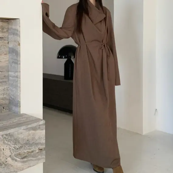Brown Swing Collar Drape Lace-up Loose Long Dress