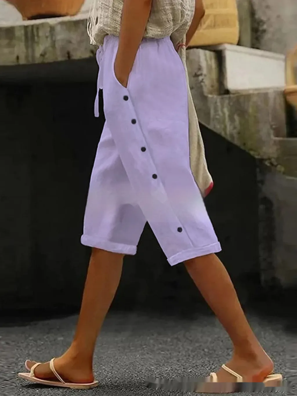 New Cotton And Linen Solid Color Casual Pocket With Buttons Cropped Casual Pants - Lavender