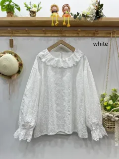 Artistic Style Embroidered Loose Top Versatile Doll Shirt - White - View 1