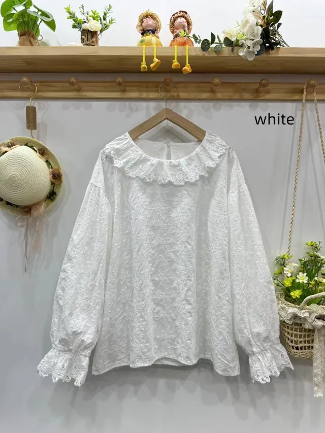 Artistic Style Embroidered Loose Top Versatile Doll Shirt White - Shop at LoveMi
