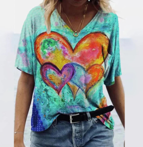 V-neck Digital Printing Casual Short Sleeves