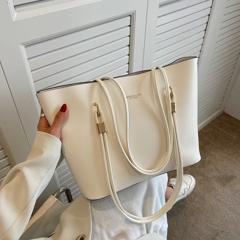 Large Capacity Solid Color Simple One Shoulder New Portable Tote Bag - Beige