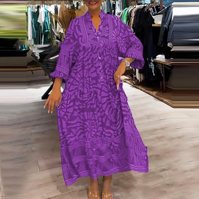Fashion Foreign Trade Women's Clothing European And American Printing Loose Long Dress Purple - Shop at LoveMi