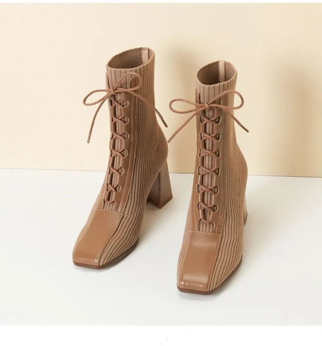 Fashion Patchwork Knitting Women's Square Toe Chunky Heel Fashion Skinny Boots Khaki - Shop at LoveMi