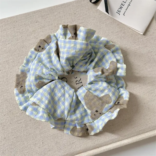Japanese And Korean Milk Sweet Wafer Plaid Bear Large Intestine Hair Ring Blue Plaid Hair Band - Shop at LoveMi