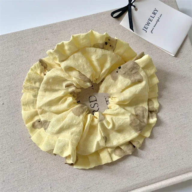 Japanese And Korean Milk Sweet Wafer Plaid Bear Large Intestine Hair Ring Yellow Hair Ring - Shop at LoveMi