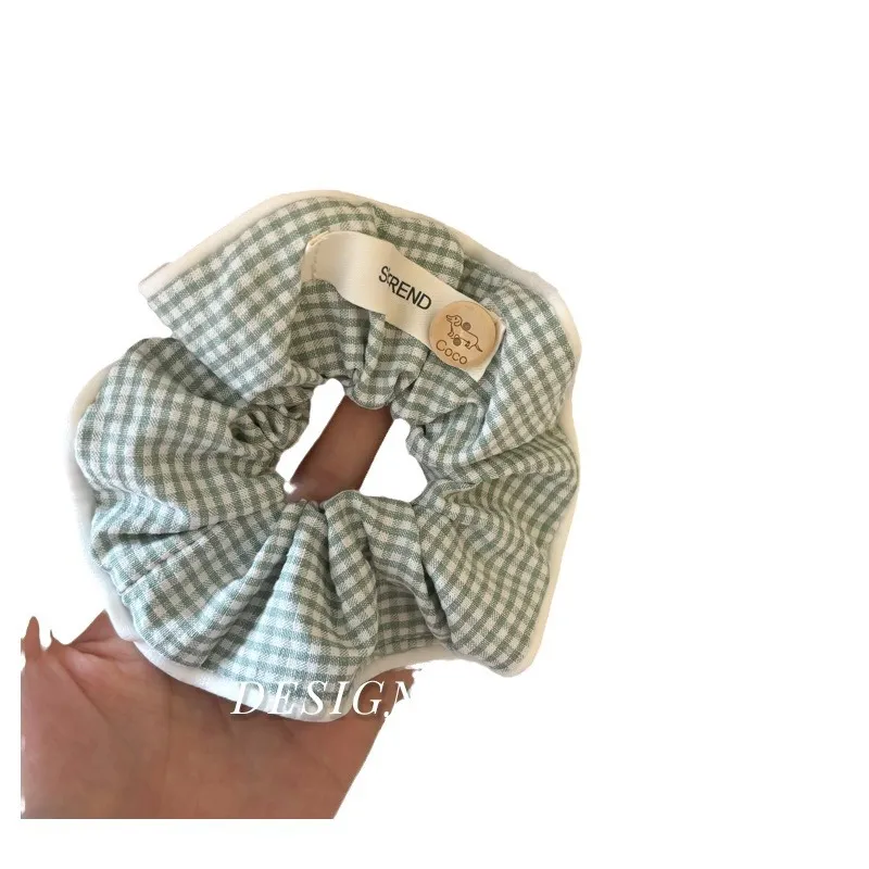 Green Plaid Classic Button Contrast Color Fabric Plaid Hand-made Large Intestine Hair Ring - Blue Plaid Button Hair Ring