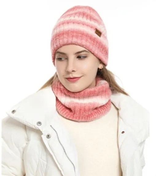 European And American Ladies Scarf And Hat Two piece Set Gradient Style With Sheep Pink - Shop at LoveMi