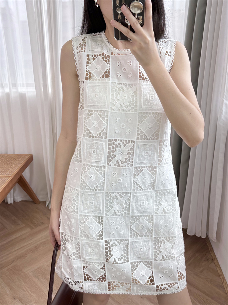 Women's White Splicing Blocks Lace Dress