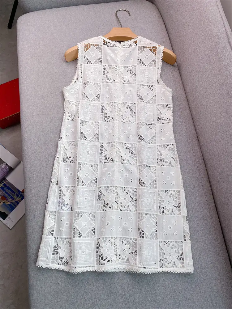 Women's White Splicing Blocks Lace Dress