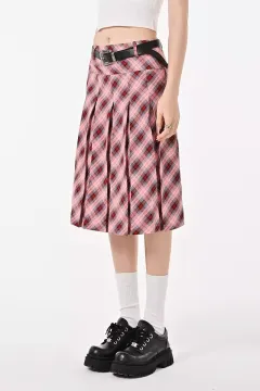 High Waist Slimming Plaid Skirt Women's Pleated Skirt - Red - View 1