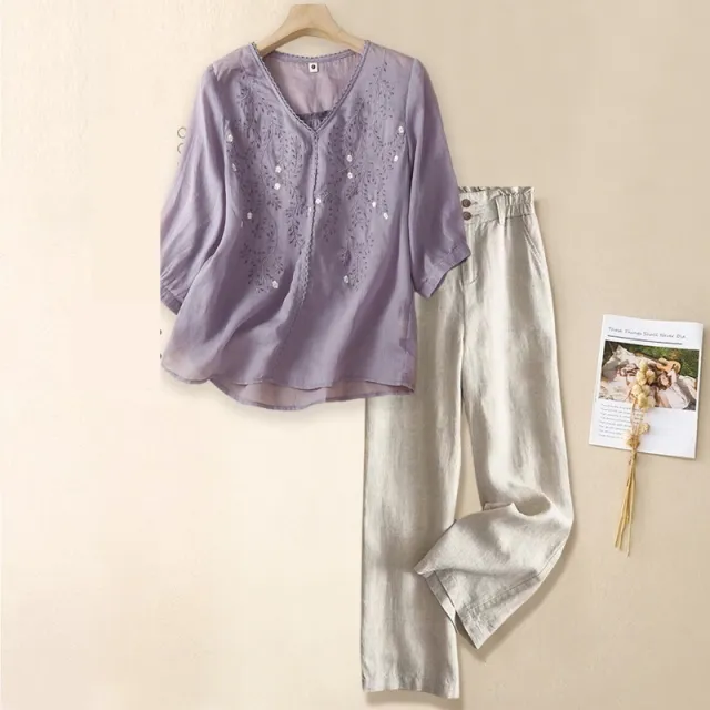 Summer Women's Linen Fashionable Casual Pants Two piece Suit Purple Apricot Pants - Shop at LoveMi