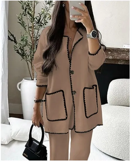 Women's Suit Fashion Casual Loose Solid Color Two piece Set Camel - Shop at LoveMi