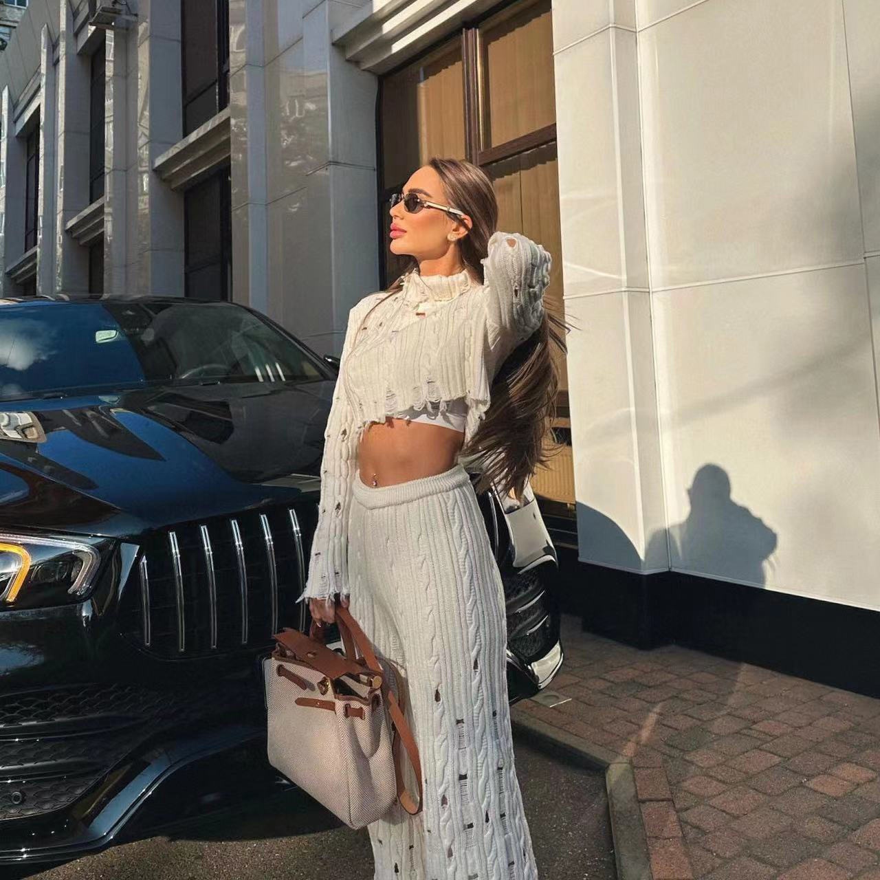 Broken Hole Hollow Knitting Set Street High Neck With Exposed Edges And Navel