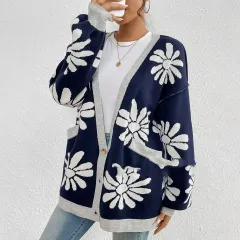 V-neck Printed Commuting Elegant Loose Knitted Cardigan Sweater Women's Coat - Navy Blue - View 1