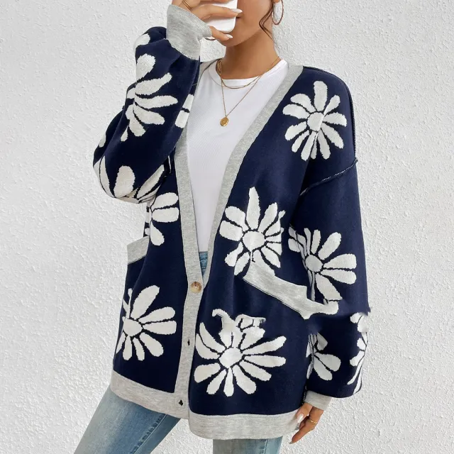 V neck Printed Commuting Elegant Loose Knitted Cardigan Sweater Women's Coat Navy - Shop at LoveMi