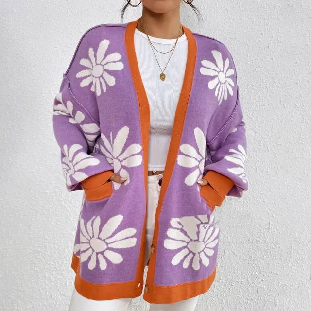 V neck Printed Commuting Elegant Loose Knitted Cardigan Sweater Women's Coat Purple - Shop at LoveMi