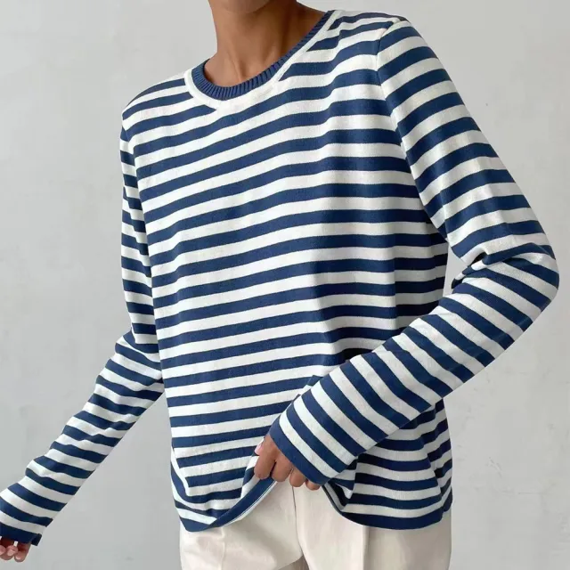 New Knitted Striped Long Sleeved Sweater Versatile Pullover Tops Womens Clothing Blue - Shop at LoveMi