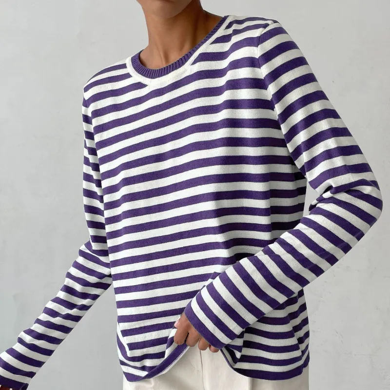 New Knitted Striped Long Sleeved Sweater Versatile Pullover Tops Womens Clothing - Purple