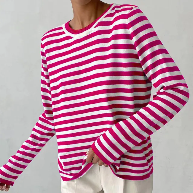 New Knitted Striped Long Sleeved Sweater Versatile Pullover Tops Womens Clothing Magenta S - Shop at LoveMi